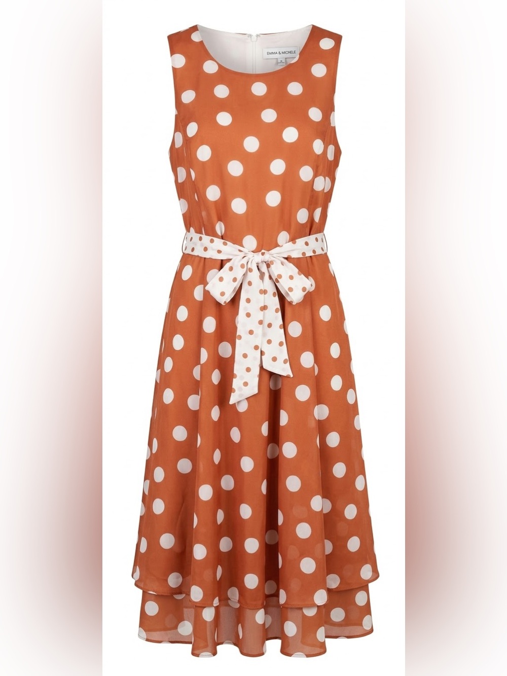 Emma & Michele Rust Orange Polka Dot Sleeveless Midi Dress with White Belt